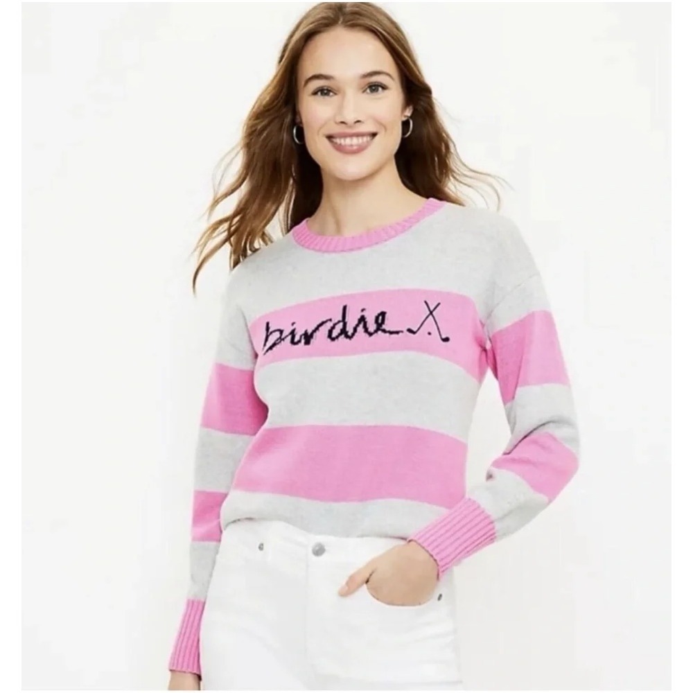 LOFT Birdie Women's Medium Pink & Gray Striped Golf Sweater Knit Pullover